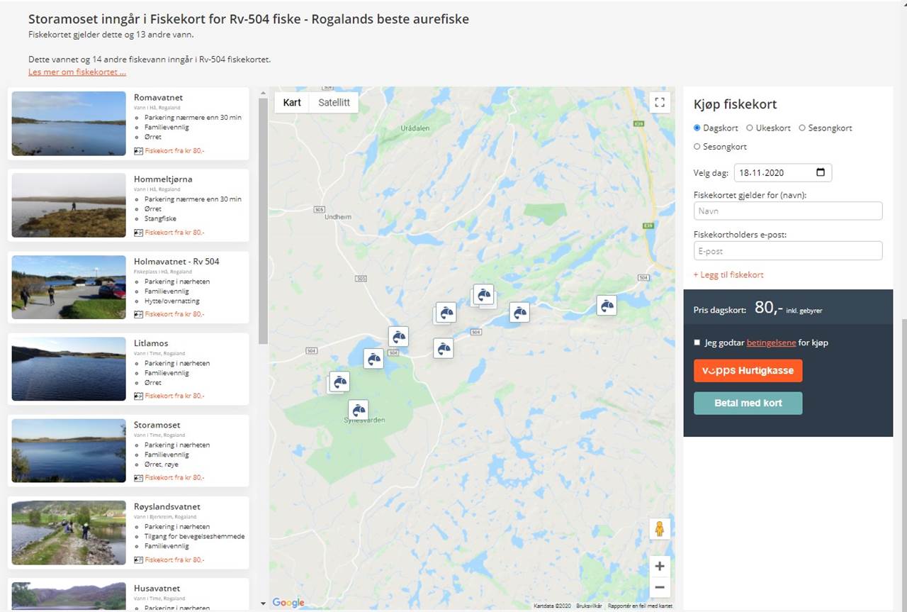 Bilde viser oversikt over alle vann hvor fiskekortet gjelder.