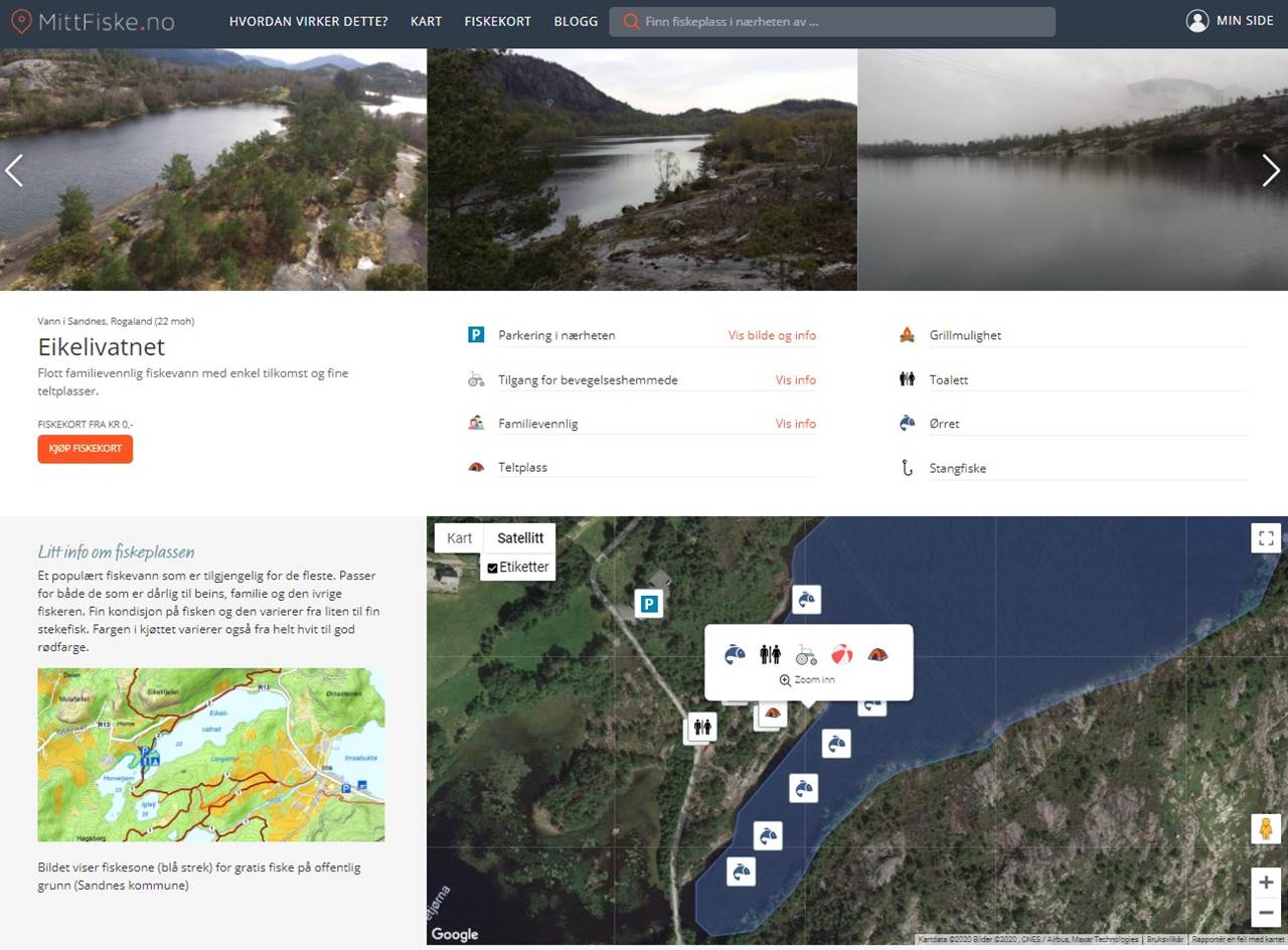 Viser informasjon om parkering, mulige teltplasser, fiskekort og mye mer. Vi viser også tilrettelagte fiskeplasser for bevegelseshemmede.