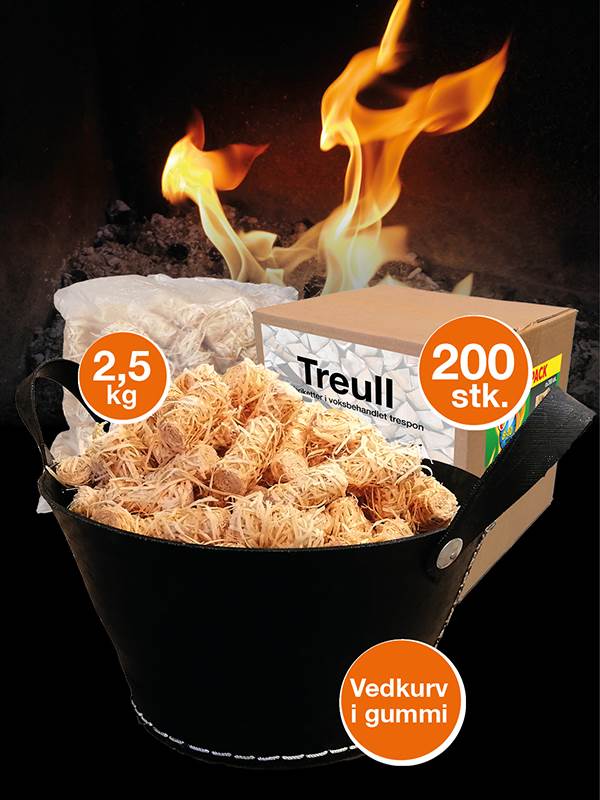Vedkurv og 2,5 kg treull