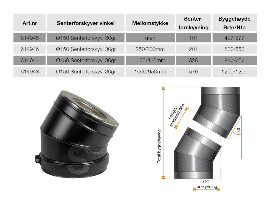 Senterforskyvning 30 gr. Ø150 / uØ250