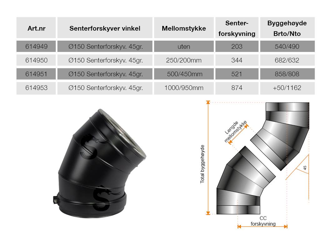Senterforskyvning 45 gr. Ø150 / uØ250