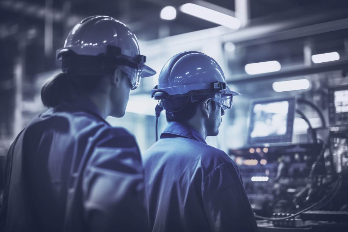 AI-generert bilde av to elektrikere som jobber i et produksjonslokale